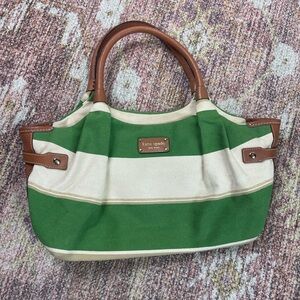 Kate Spade Vintage Stevie Stripe Canvas Leather Handbag Green Cream